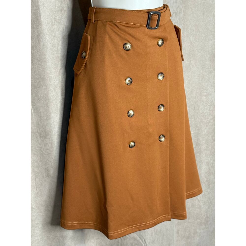 Tulip B Unique Vintage Amber Brown Button Front Belted Retro Midi Skirt L NWT - Picture 3 of 6